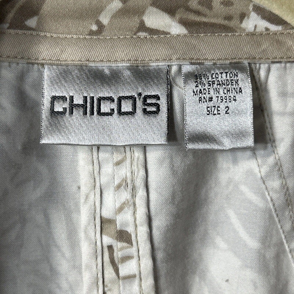 Chicos Cotton Blend Jacket Womens Large Tan And White Leaf Print Resort Wear - Picture 2 of 9